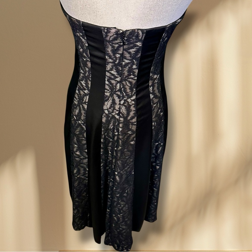 NWT Donna Karan Collection Strapless Black & Cream Satin/Lace Striped Midi Dress - Picture 9 of 16